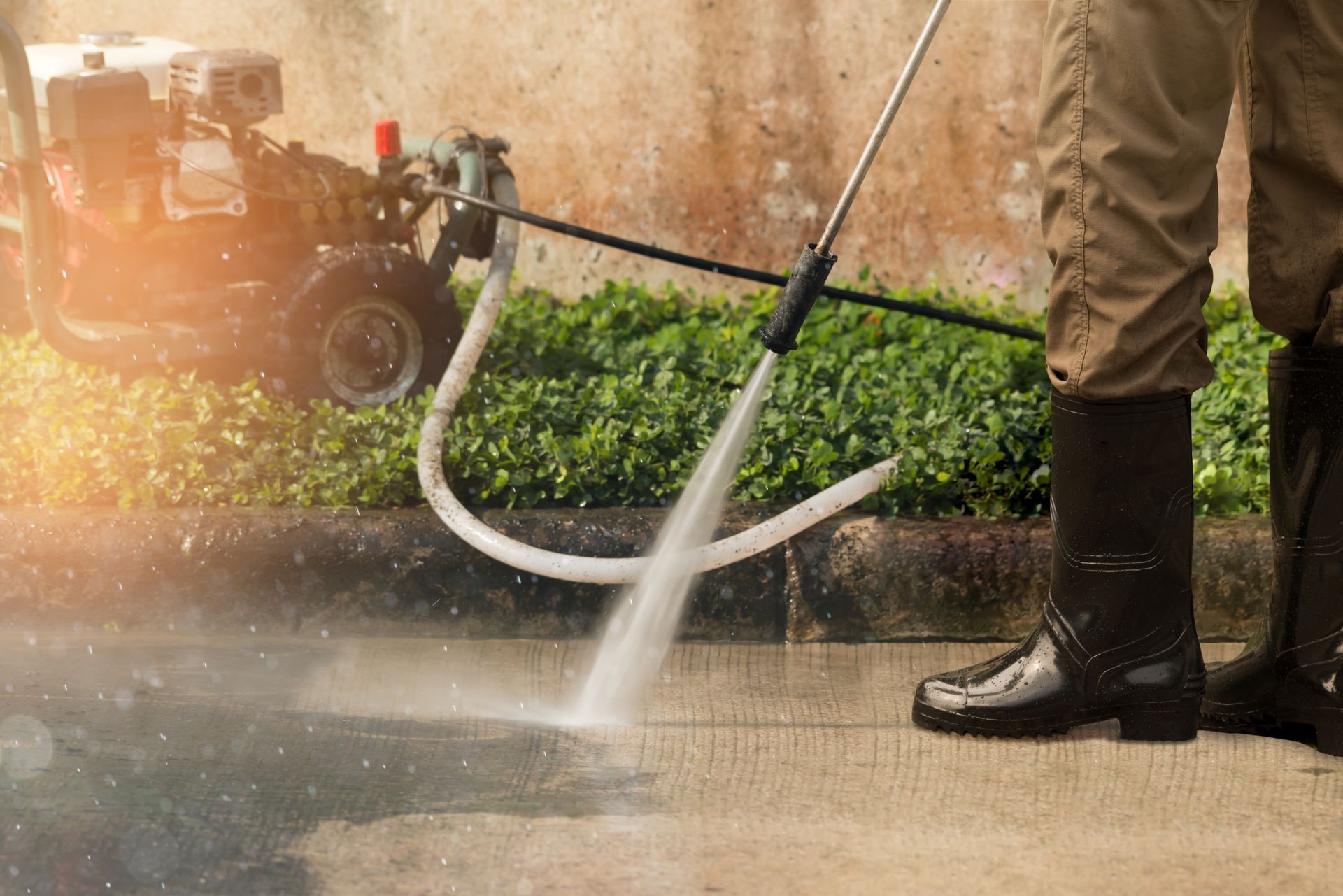 Pressure washer spraying water on a wet sidewalk beside a worker’s black boots and cleaning equipment