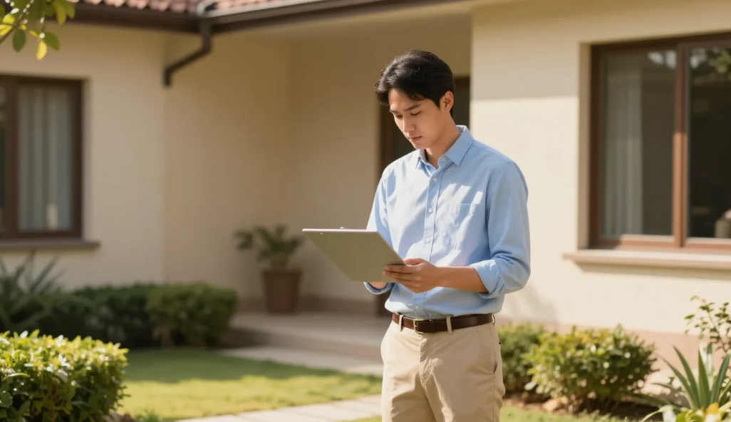 Person standing outdoors reading a tablet in a sunny yard beside a beige house