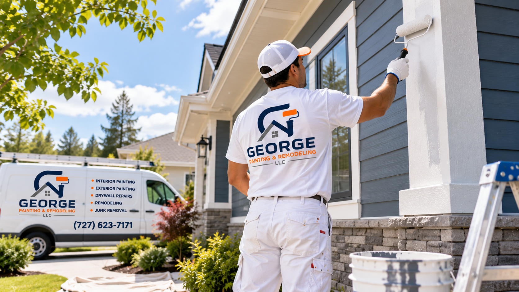 Painter working on a house exterior beside a George service van
