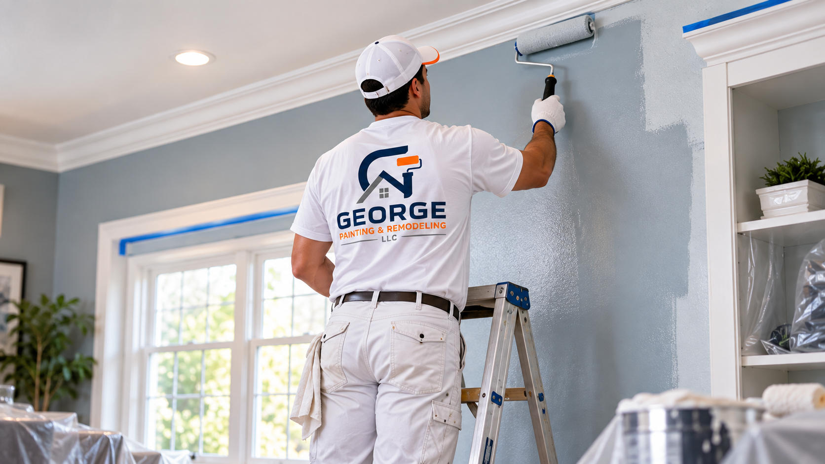 Painter on a stepladder painting a light gray wall beside a window, with blue tape along the trim.