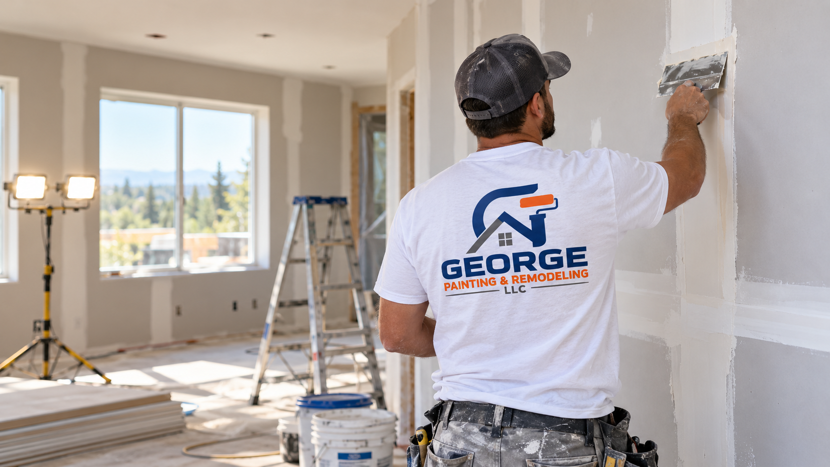 Worker painting an interior wall in a bright, unfinished room with a ladder and paint bucket
