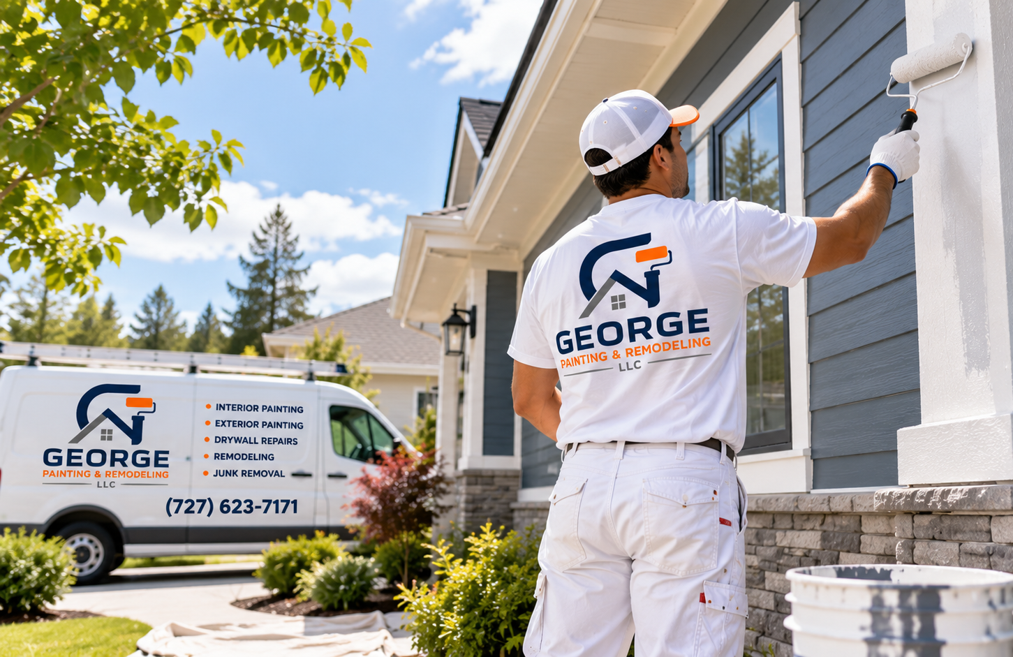 Painter in white uniform painting a house exterior beside a branded service van.