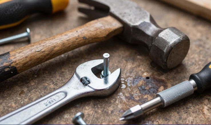Close-up of professional tools and equipment in use during a project