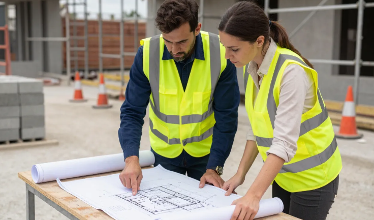 Technician reviewing project plans with a client on site