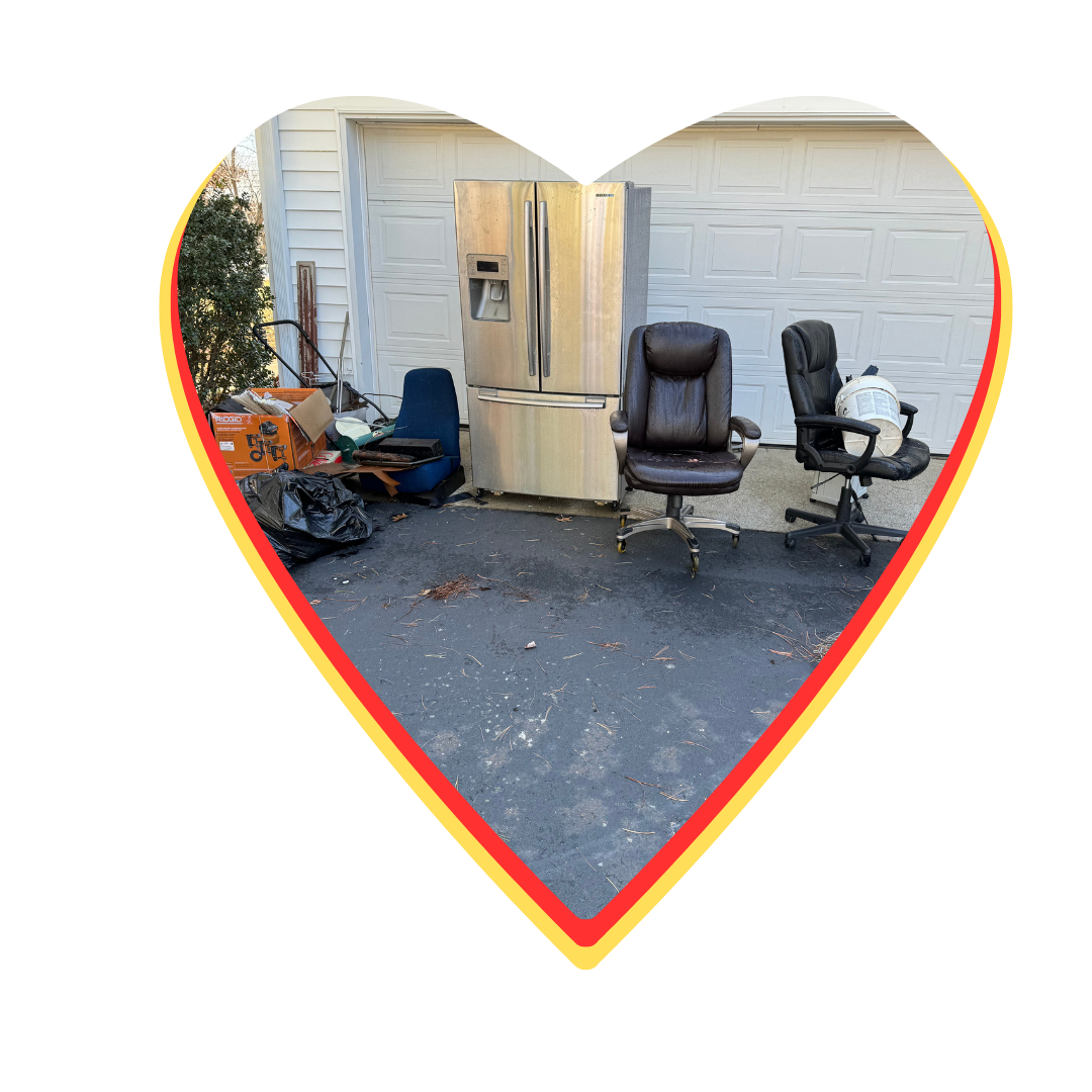 A heart shaped picture of a refrigerator and chairs