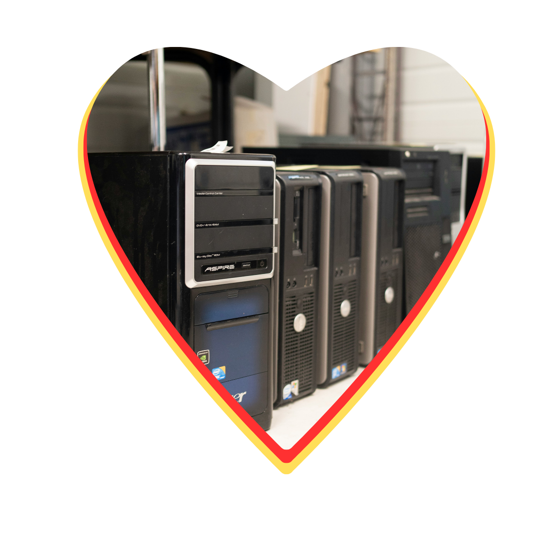 A heart shaped frame surrounds a row of computer cases