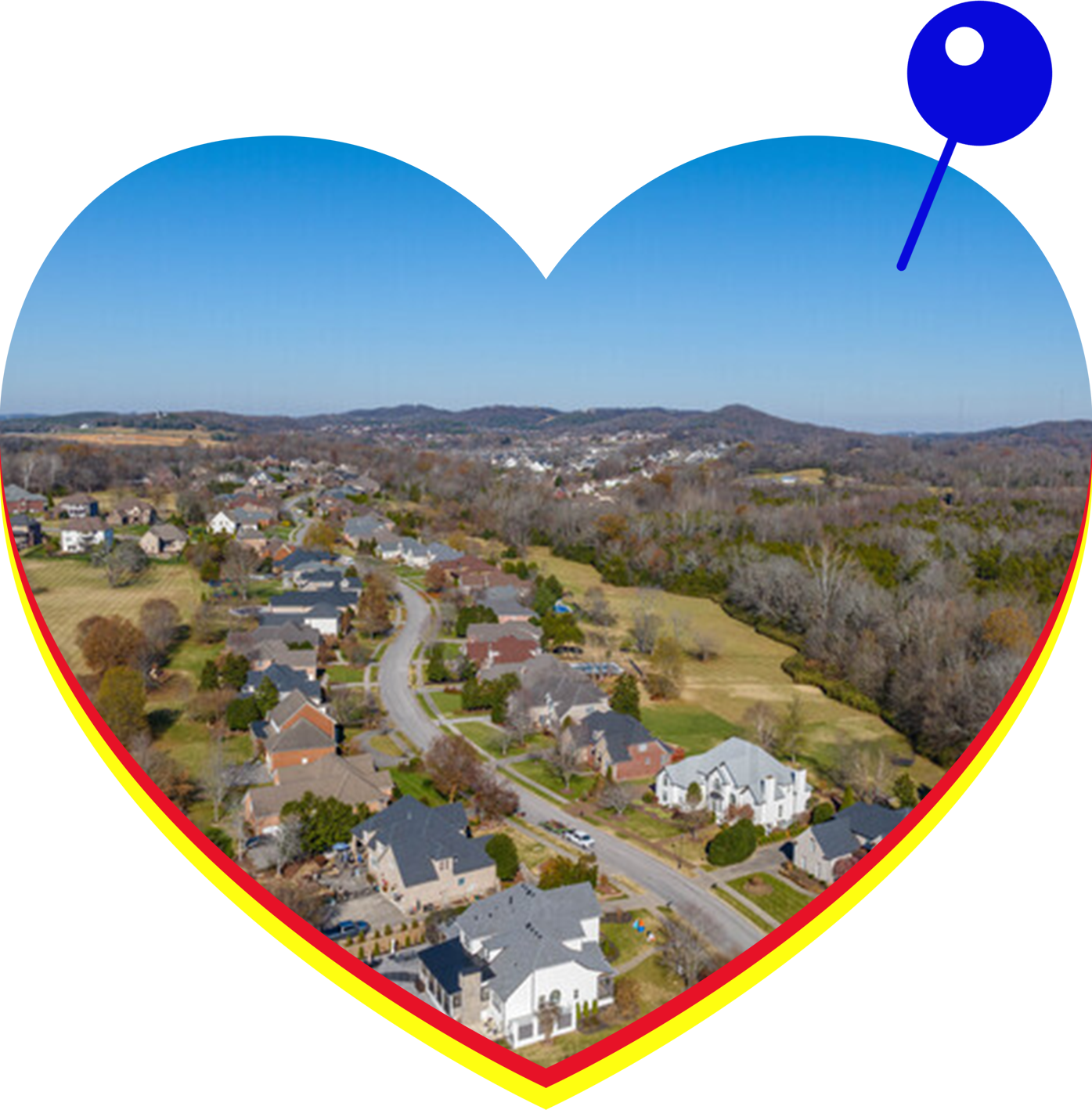 An aerial view of a residential area in the shape of a heart