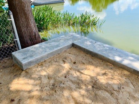 Concrete retaining wall at edge of sand, next to water. A tree and chain-link fence are also visible.