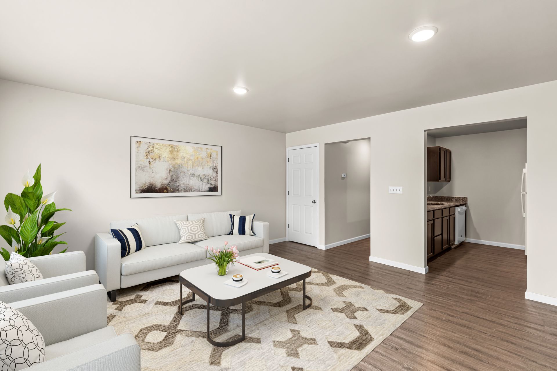 Bright modern living room with white sofa, coffee table, rug, plant, and hardwood floors