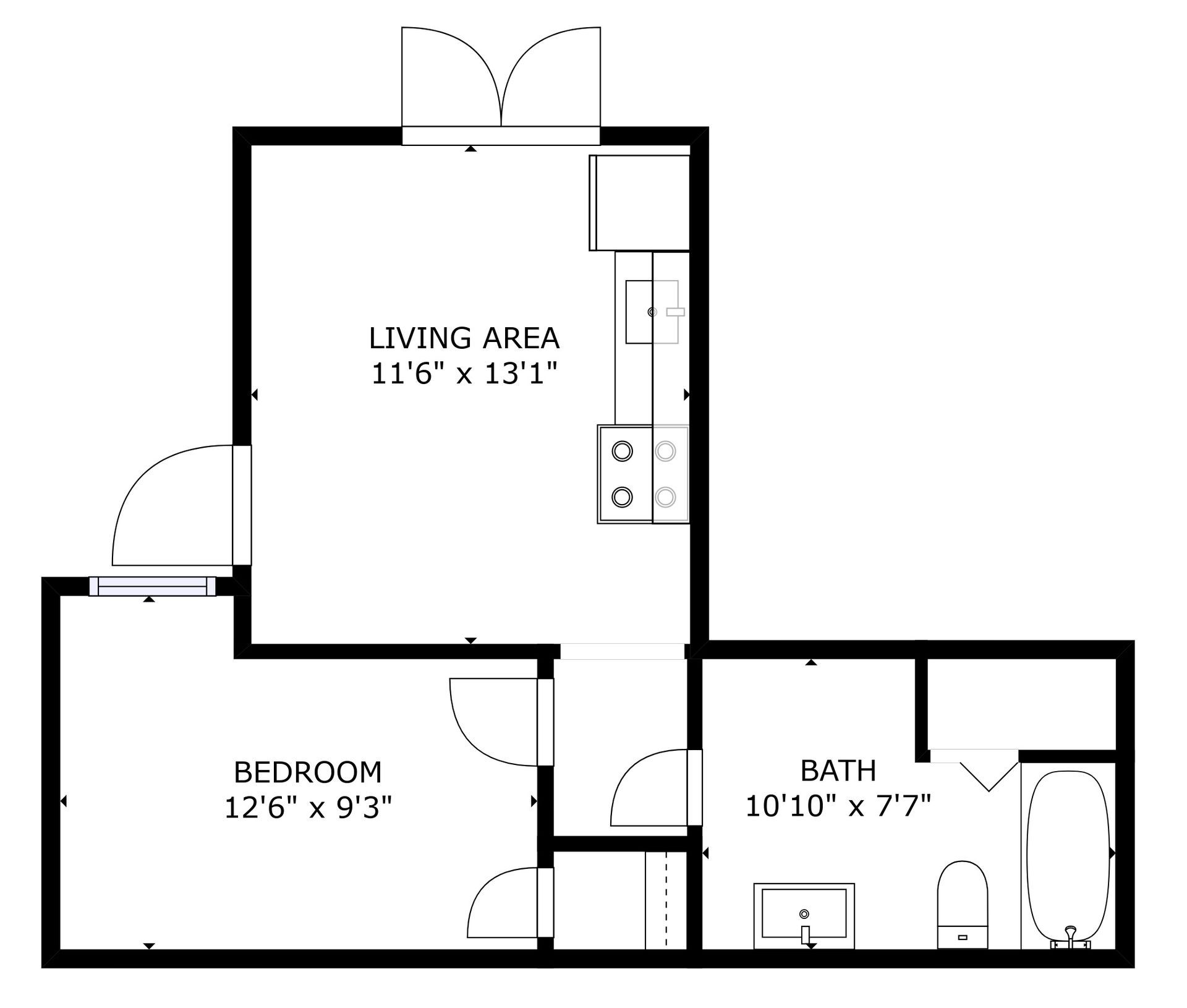 Floor plan of a small apartment with living area, bedroom, and bath labeled.