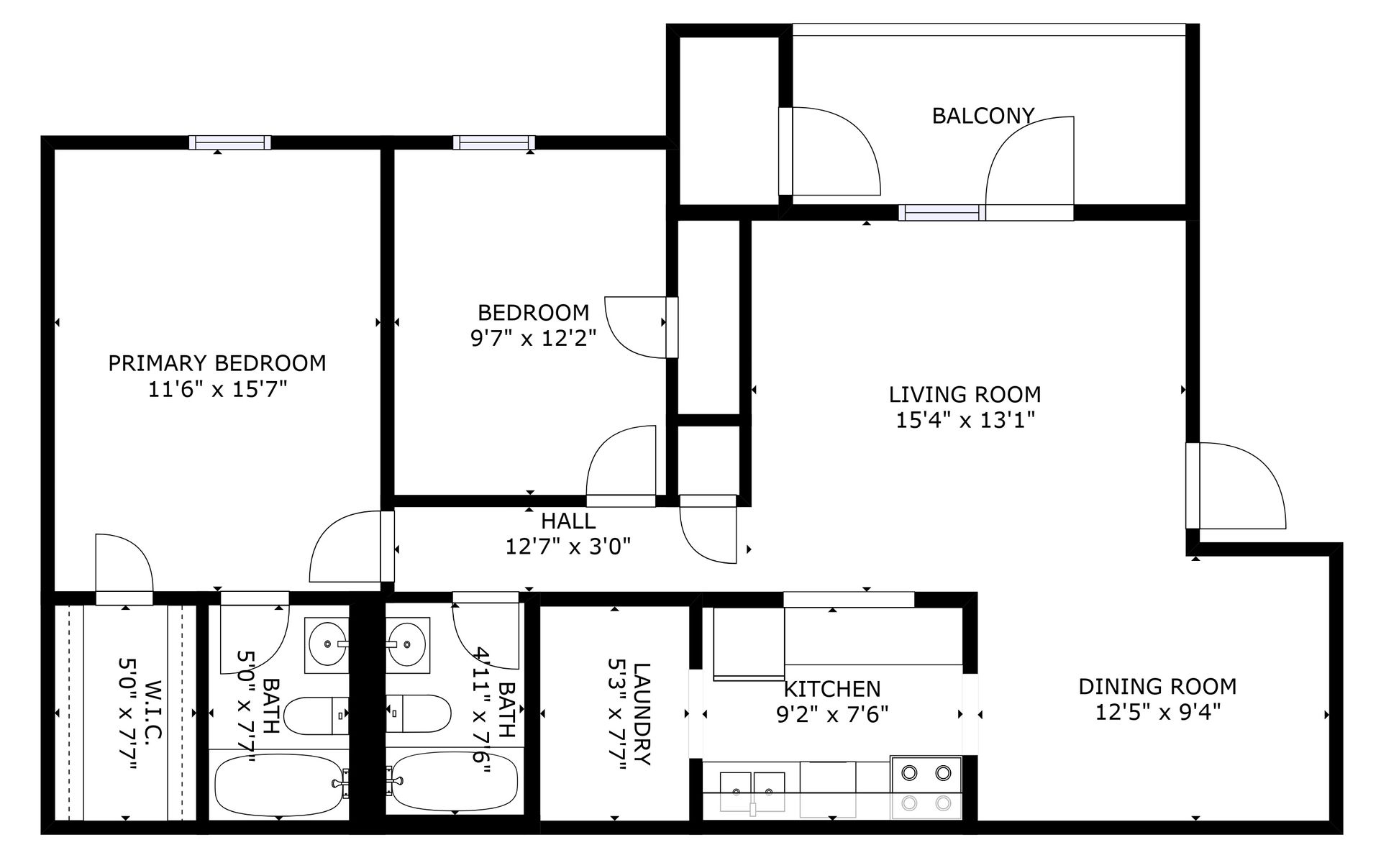 Black-and-white floor plan of an apartment with kitchen, living room, bedrooms, and bathrooms.