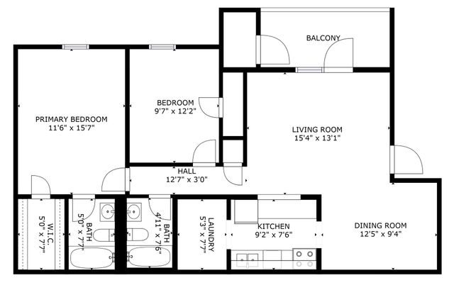 Black-and-white house floor plan with labeled rooms, bathrooms, kitchen, dining room, and living room.