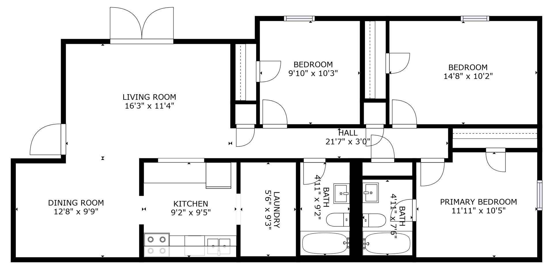Black-and-white floor plan of a house with labeled rooms and doors