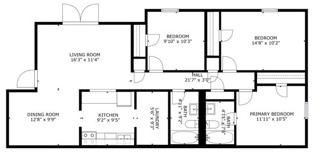 Black-and-white architectural floor plan of a house with multiple labeled rooms and doorways