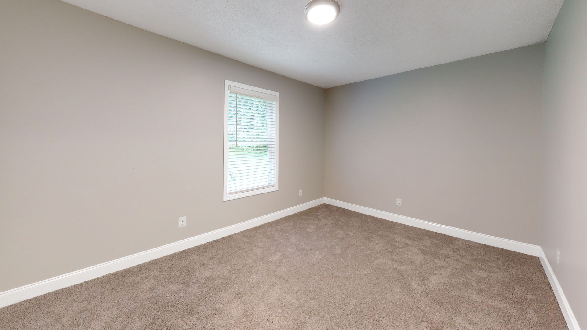 Empty beige bedroom with carpet, white trim, a small window, and a ceiling light