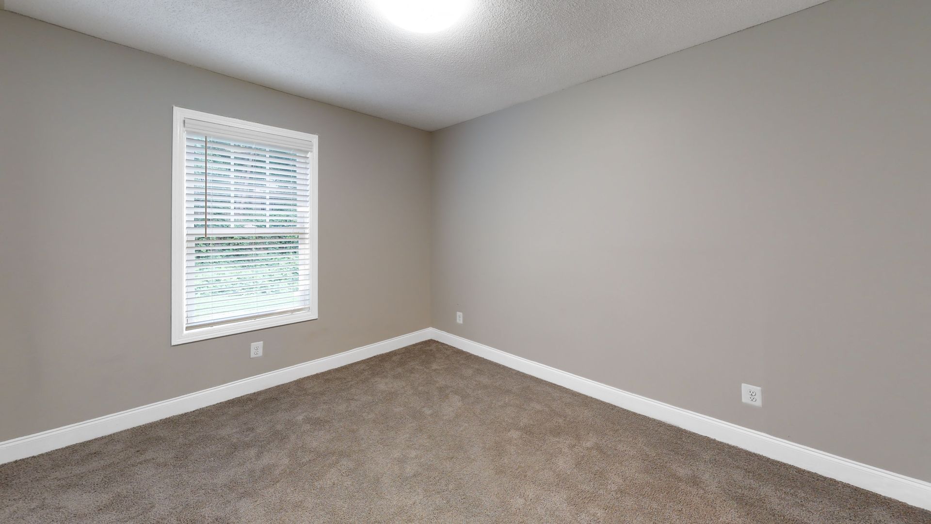 Empty beige bedroom with carpet, white trim, and a window with blinds.