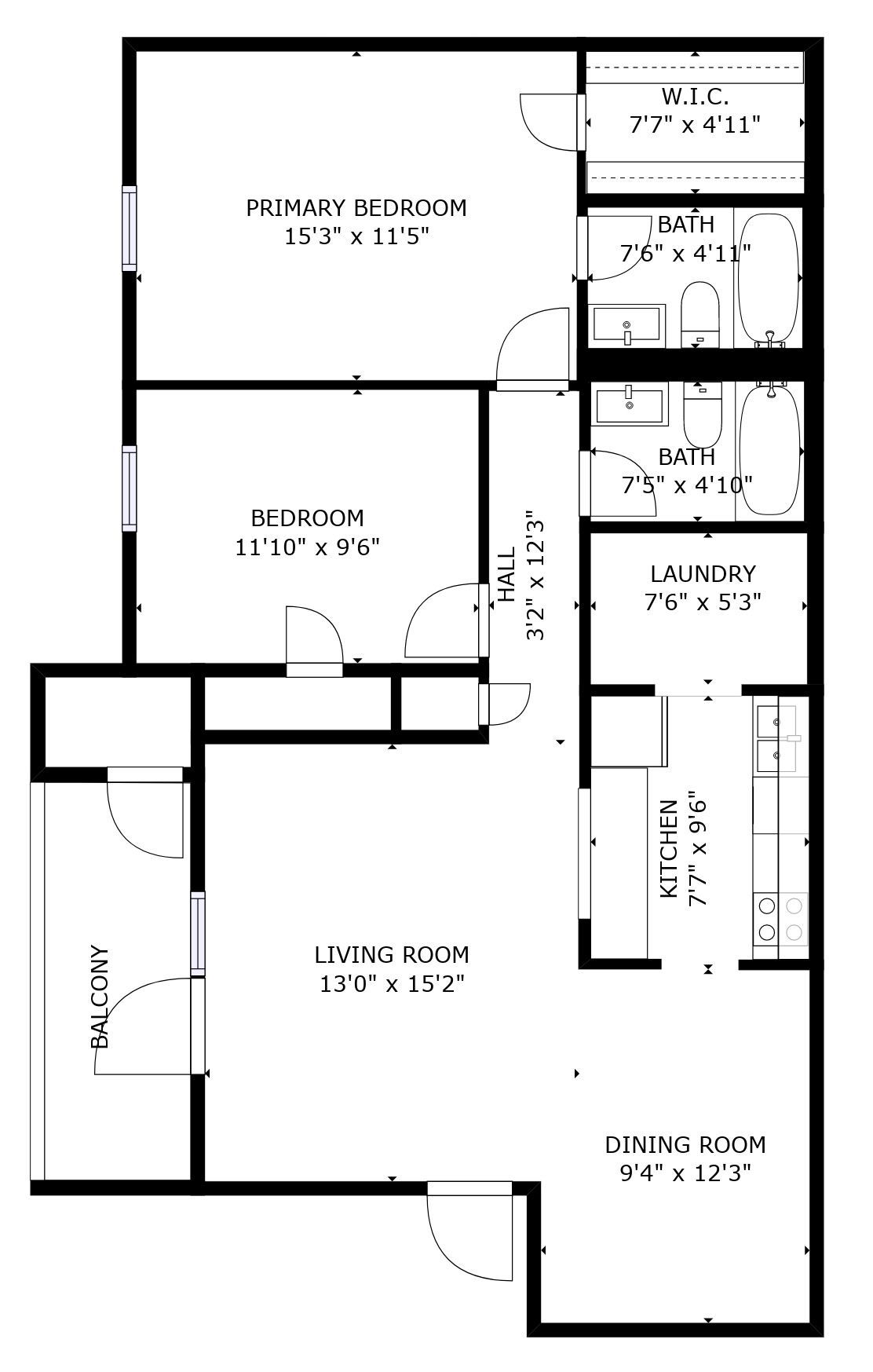 Black-and-white apartment floor plan with labeled rooms and dimensions