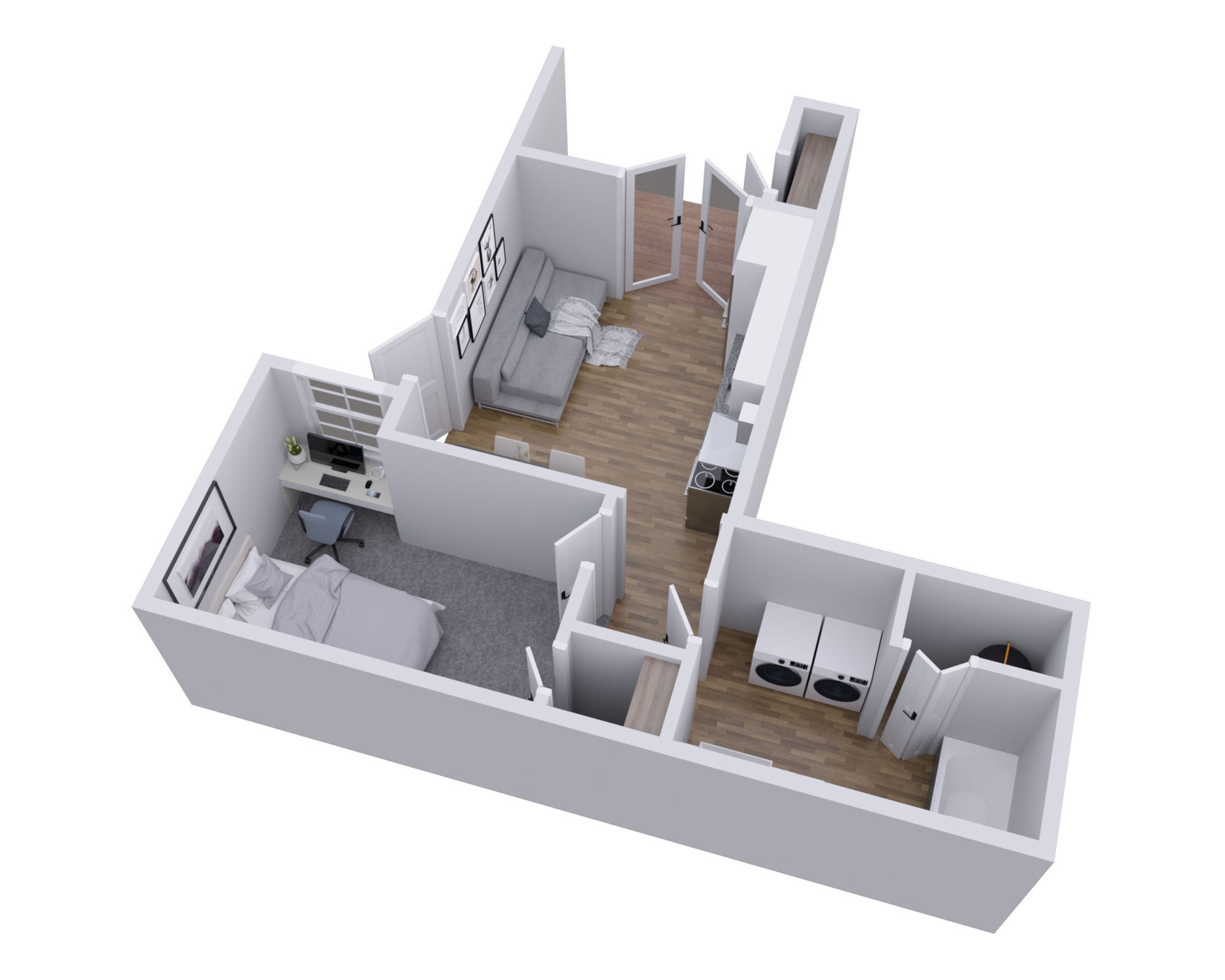 3D floor plan of a small apartment with bedroom, kitchen, living area, and bathroom