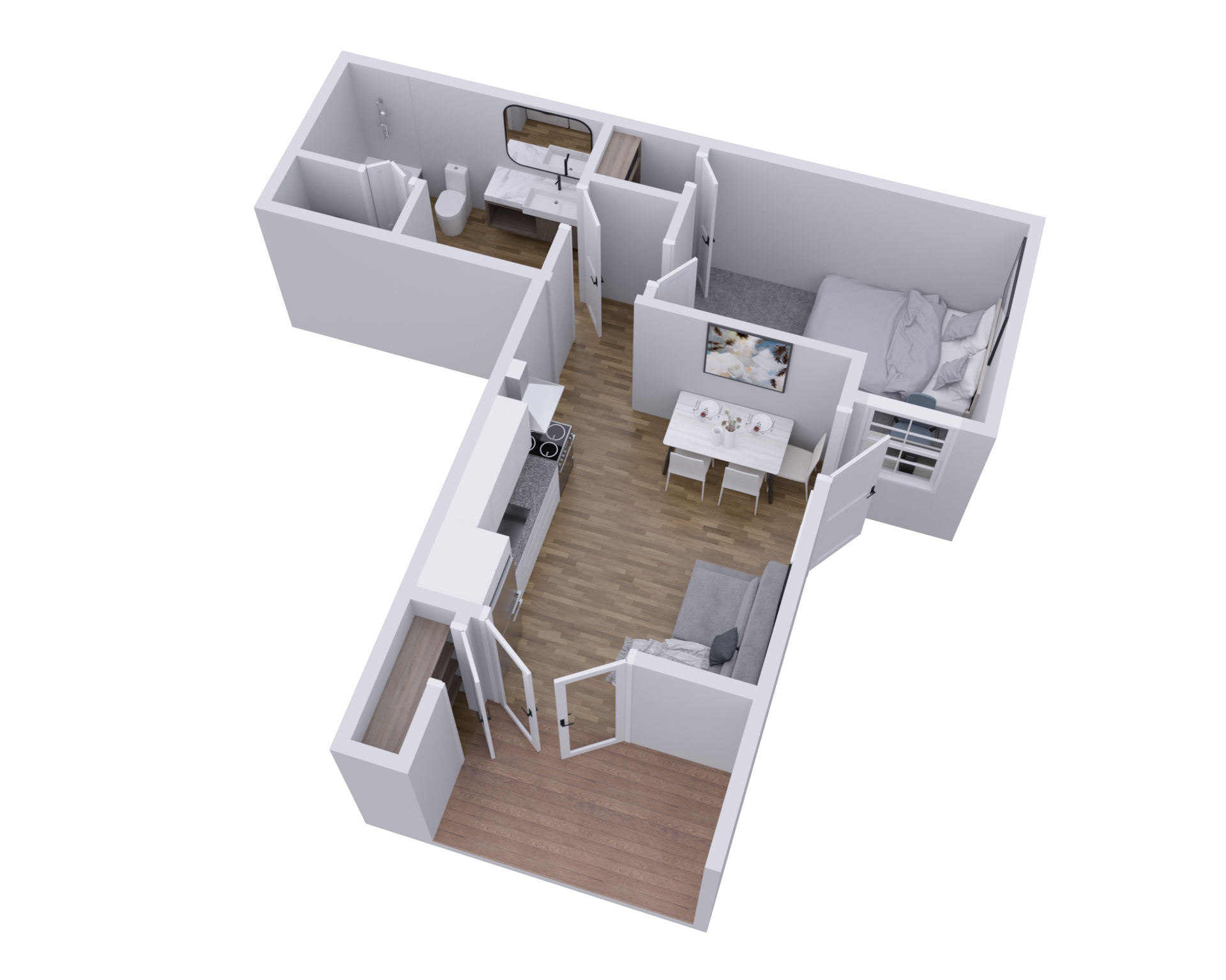 3D apartment floor plan with kitchen, living area, bedroom, bathroom, and entry hall