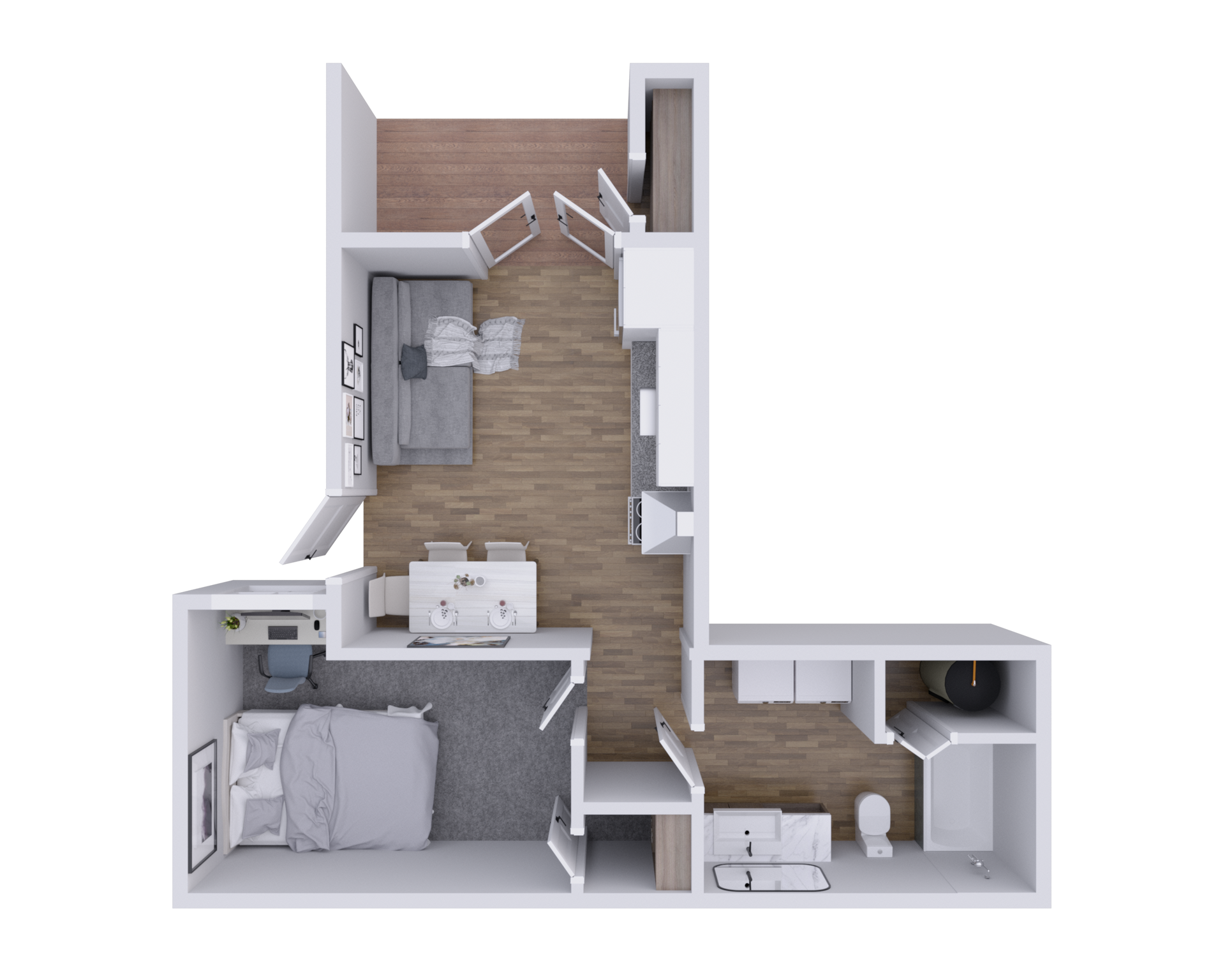 Apartment floor plan with living area, bedroom, and bath labeled with dimensions.