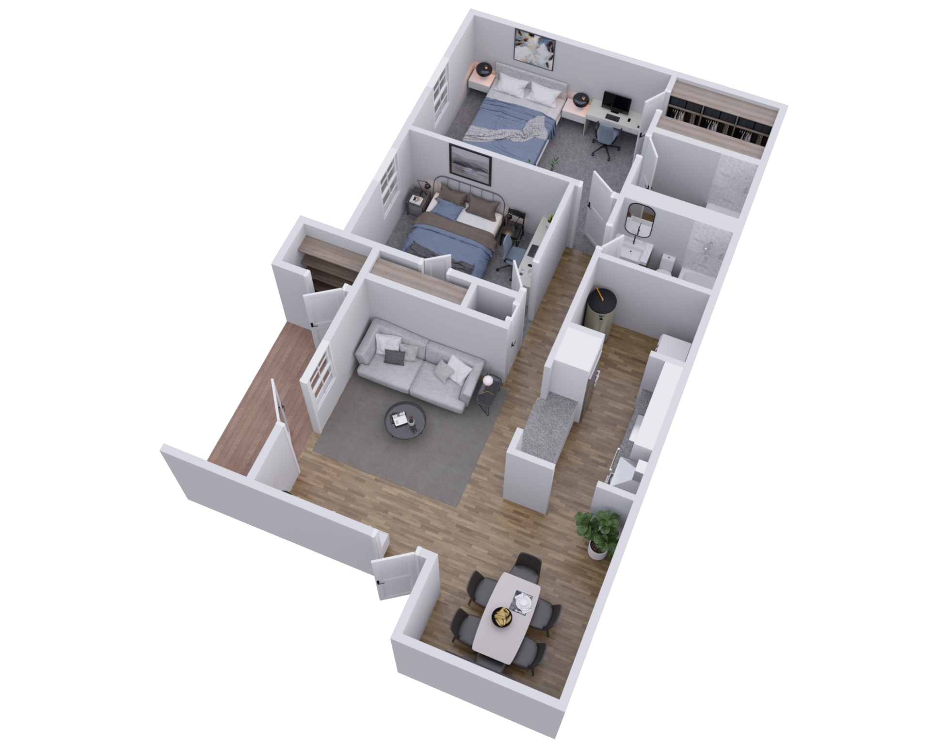 3D top-down view of a modern apartment floor plan with kitchen, living room, bedroom, bathroom, and balcony