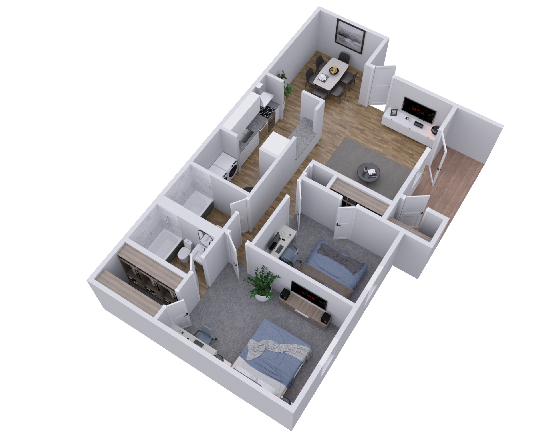 3D floor plan of a modern apartment with living room, kitchen, bedroom, and bathroom.