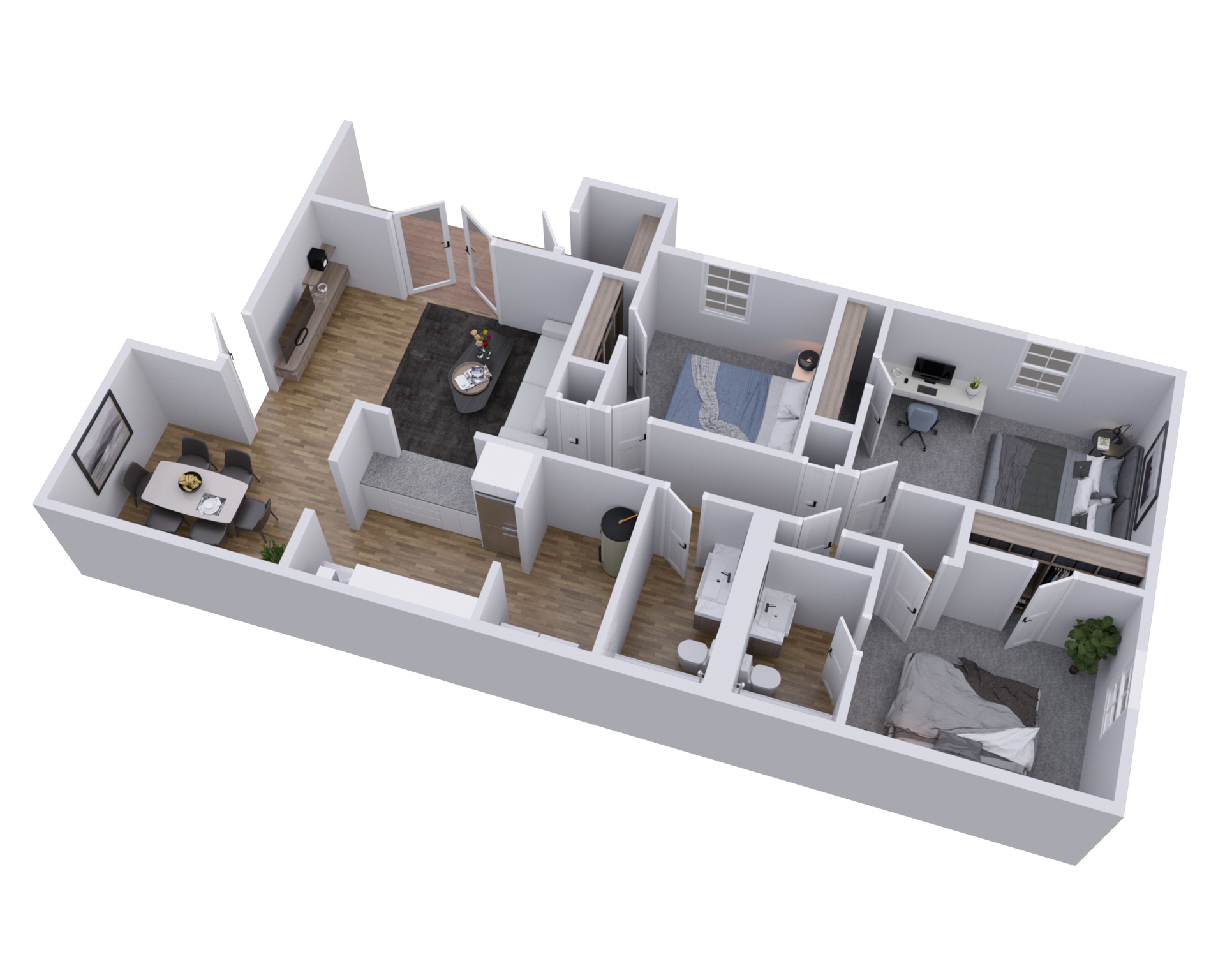 3D floor plan of a modern apartment with multiple rooms, wood flooring, and white walls