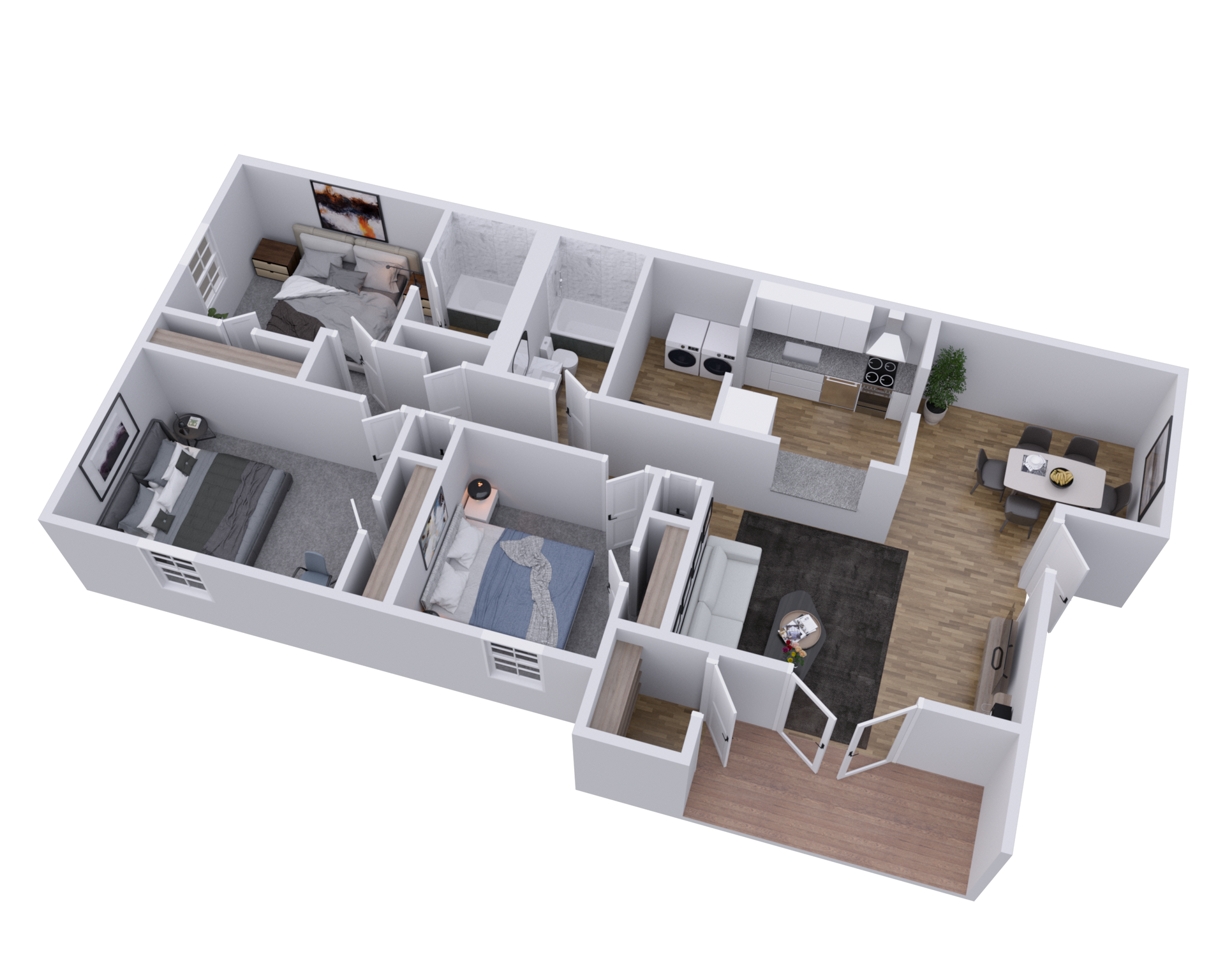3D floor plan of a modern apartment with living room, kitchen, bedrooms, bathroom, and wood flooring