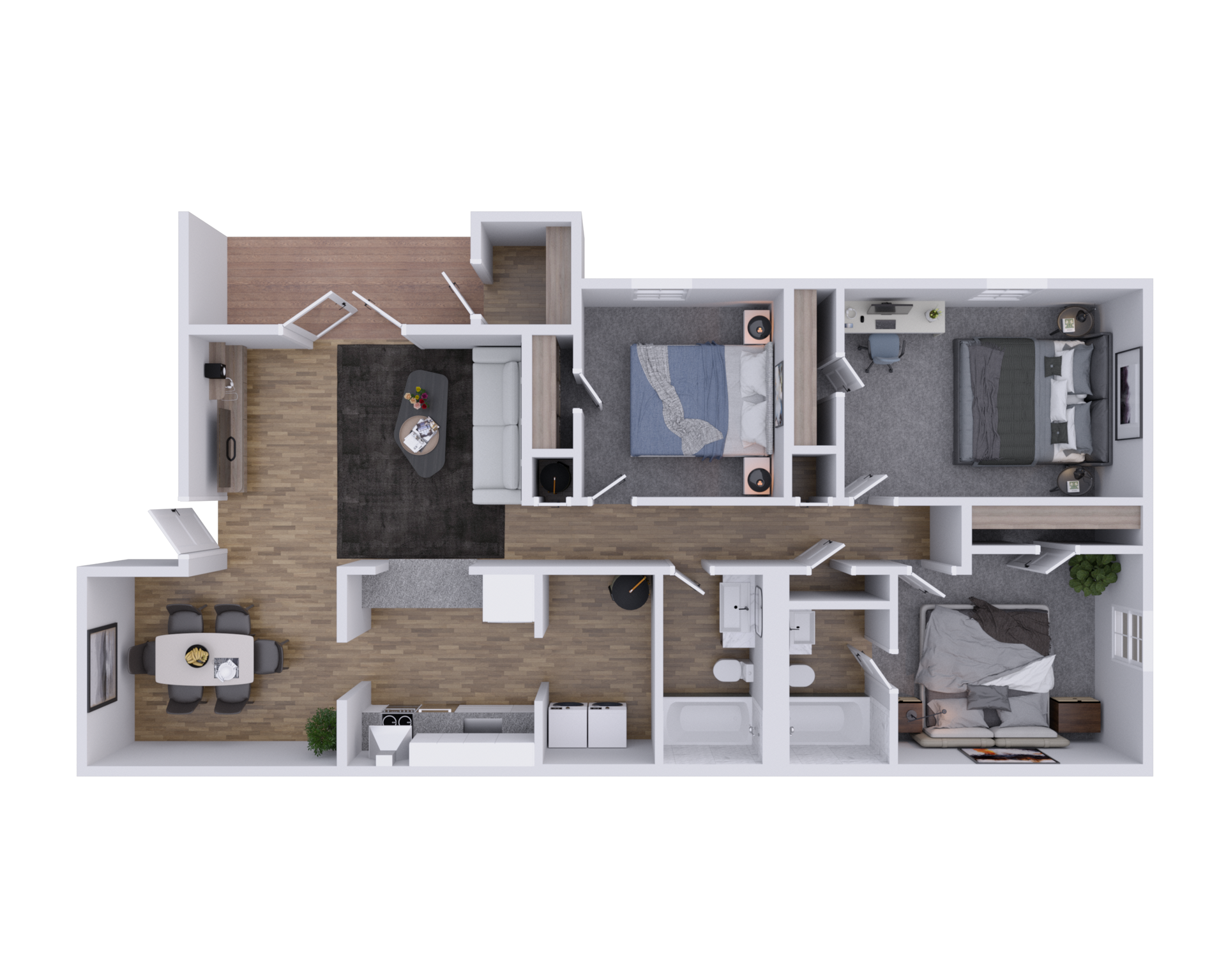 Black-and-white floor plan of a small apartment with labeled rooms and doors.