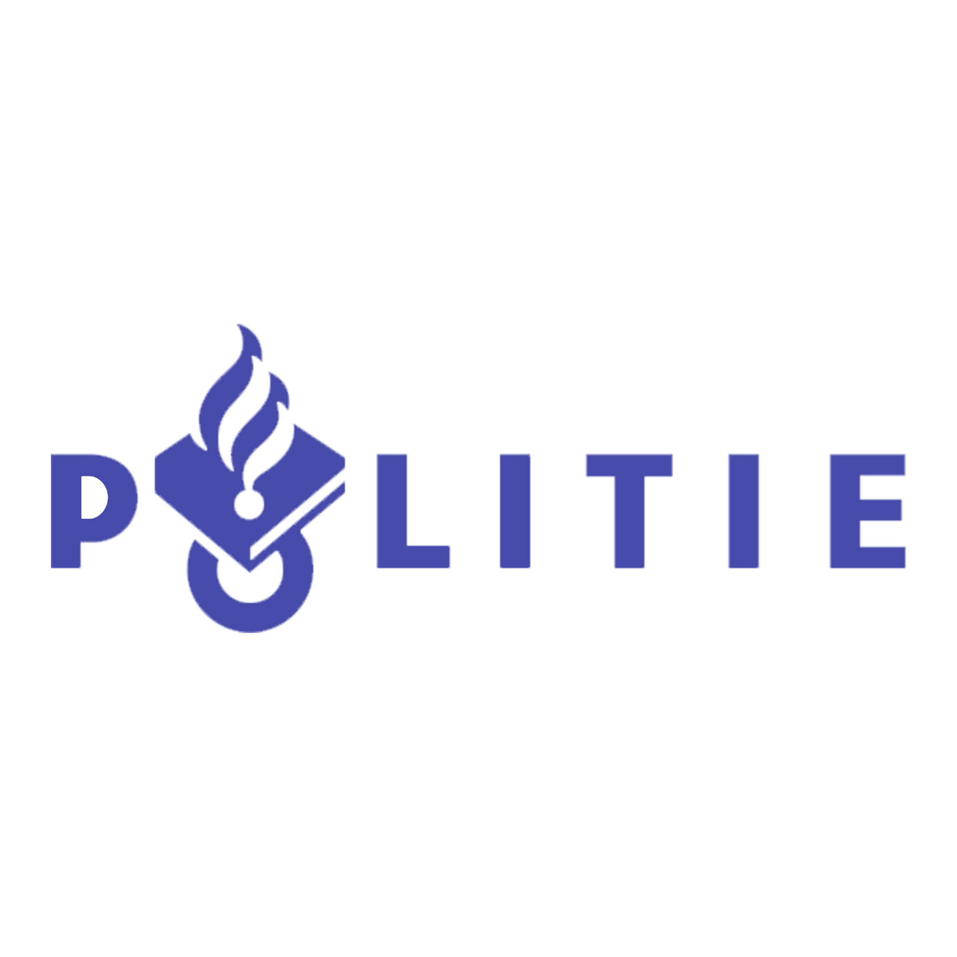 Politielogo in blauw met een gestileerd fakkelembleem en opvallende letters.
