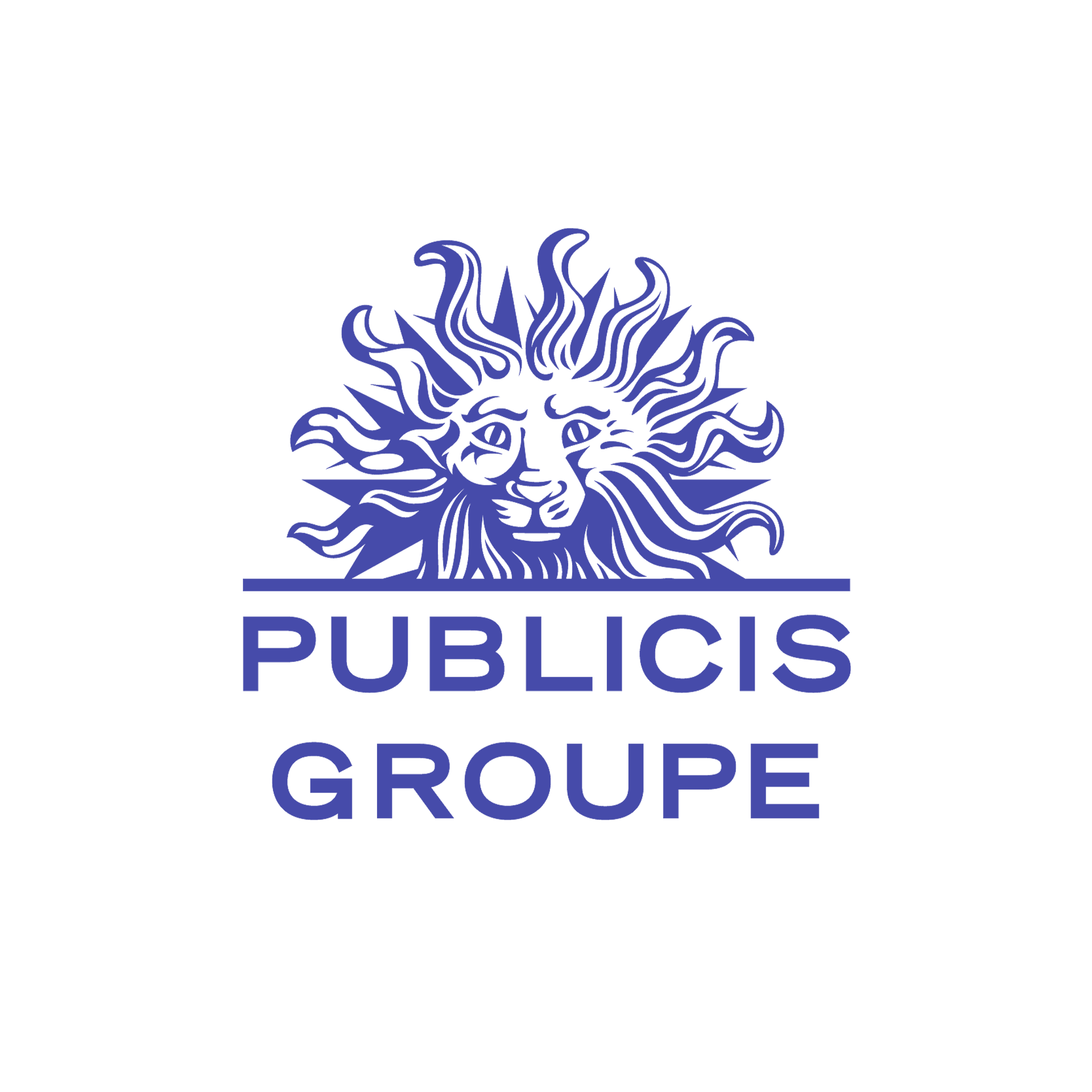 Het logo van Publicis Groupe met een blauwe leeuwenkop en tekst op een witte achtergrond.