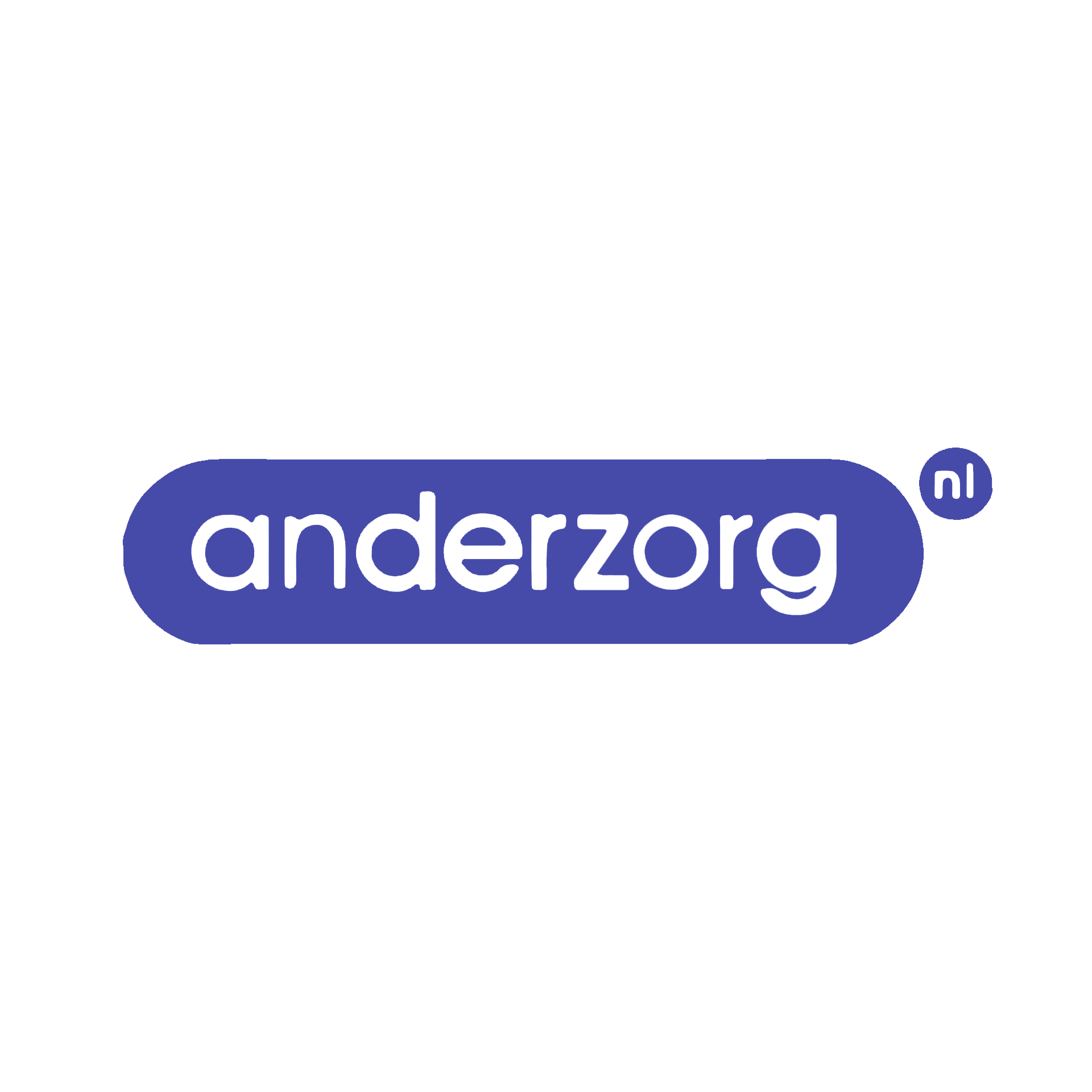 Het Anderzorg-logo in witte tekst op een paarse, afgeronde rechthoek met een klein cirkelvormig symbooltje aan het uiteinde.