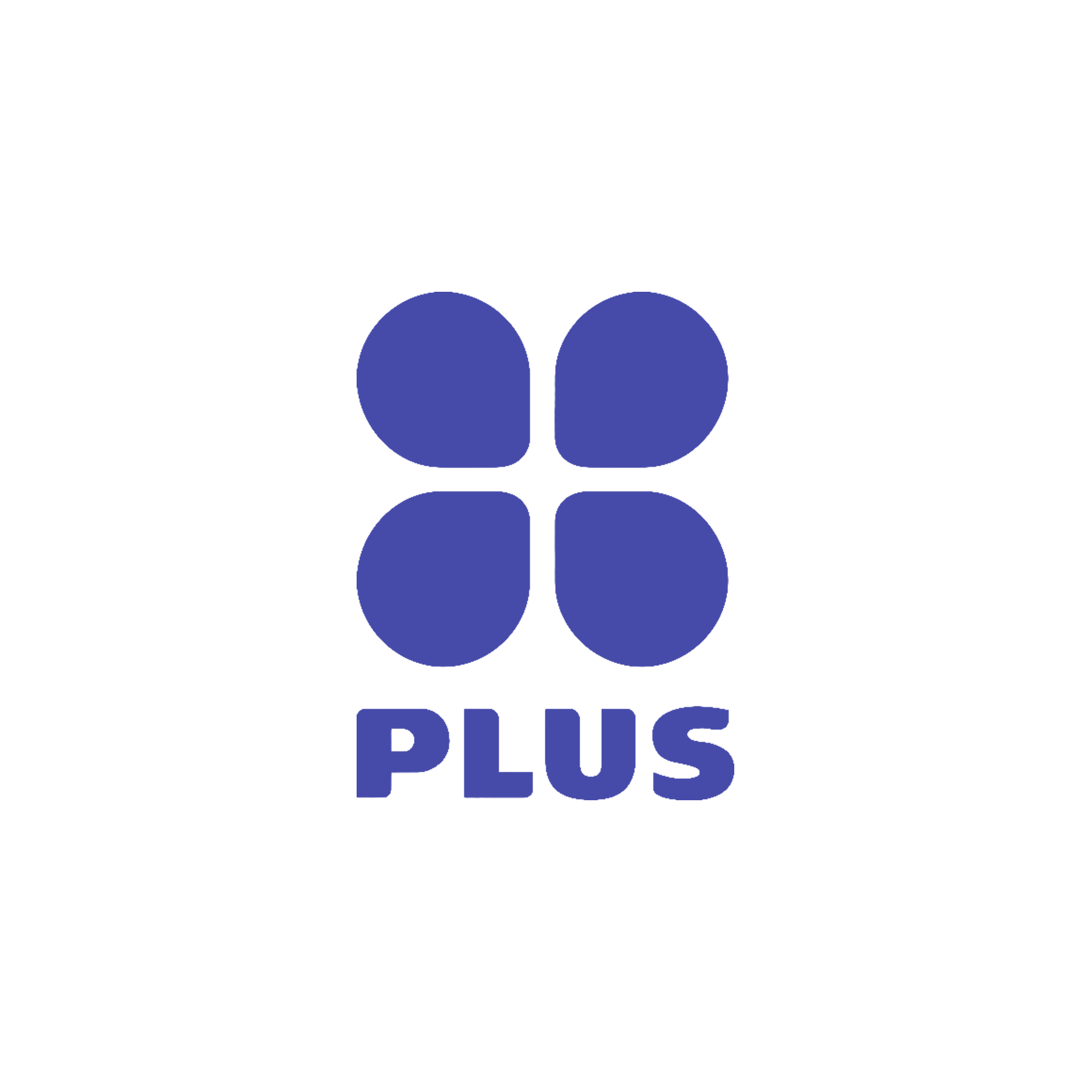 Paars PLUS-logo met vier afgeronde bloemblaadjes boven het woord 