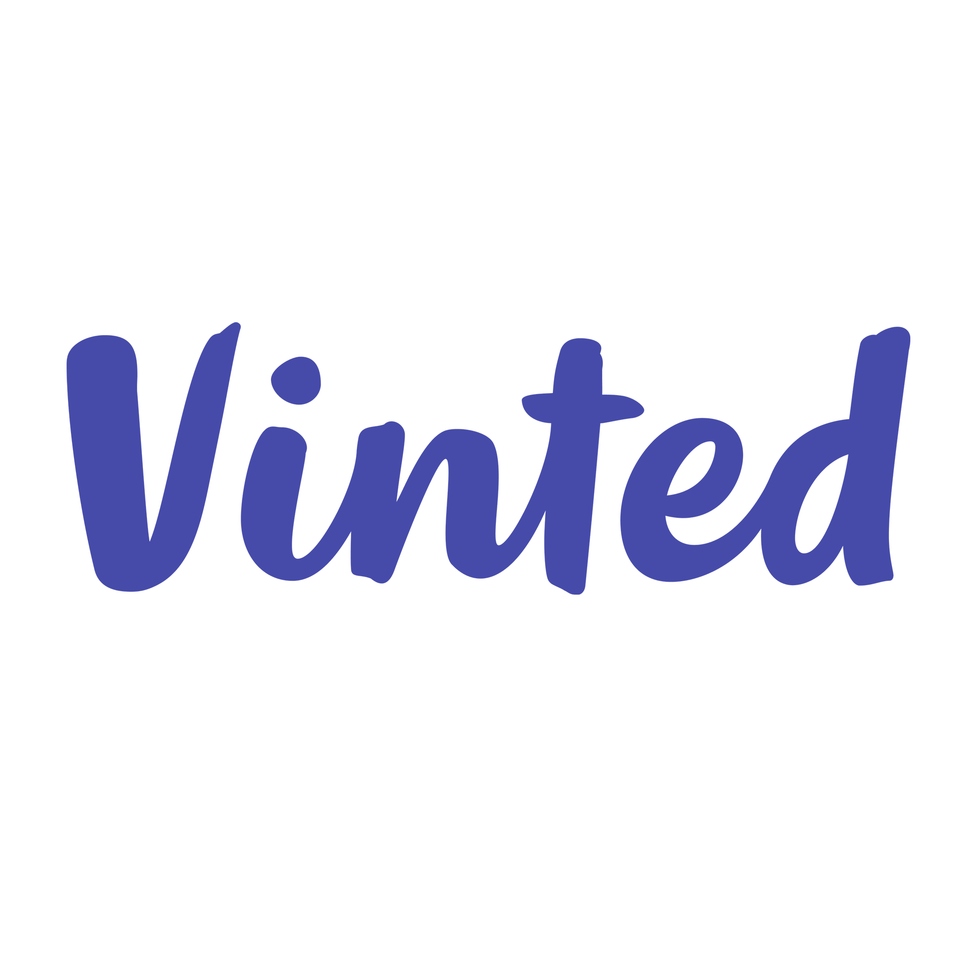 Vinted-logo in blauwe cursieve letters op een witte achtergrond.