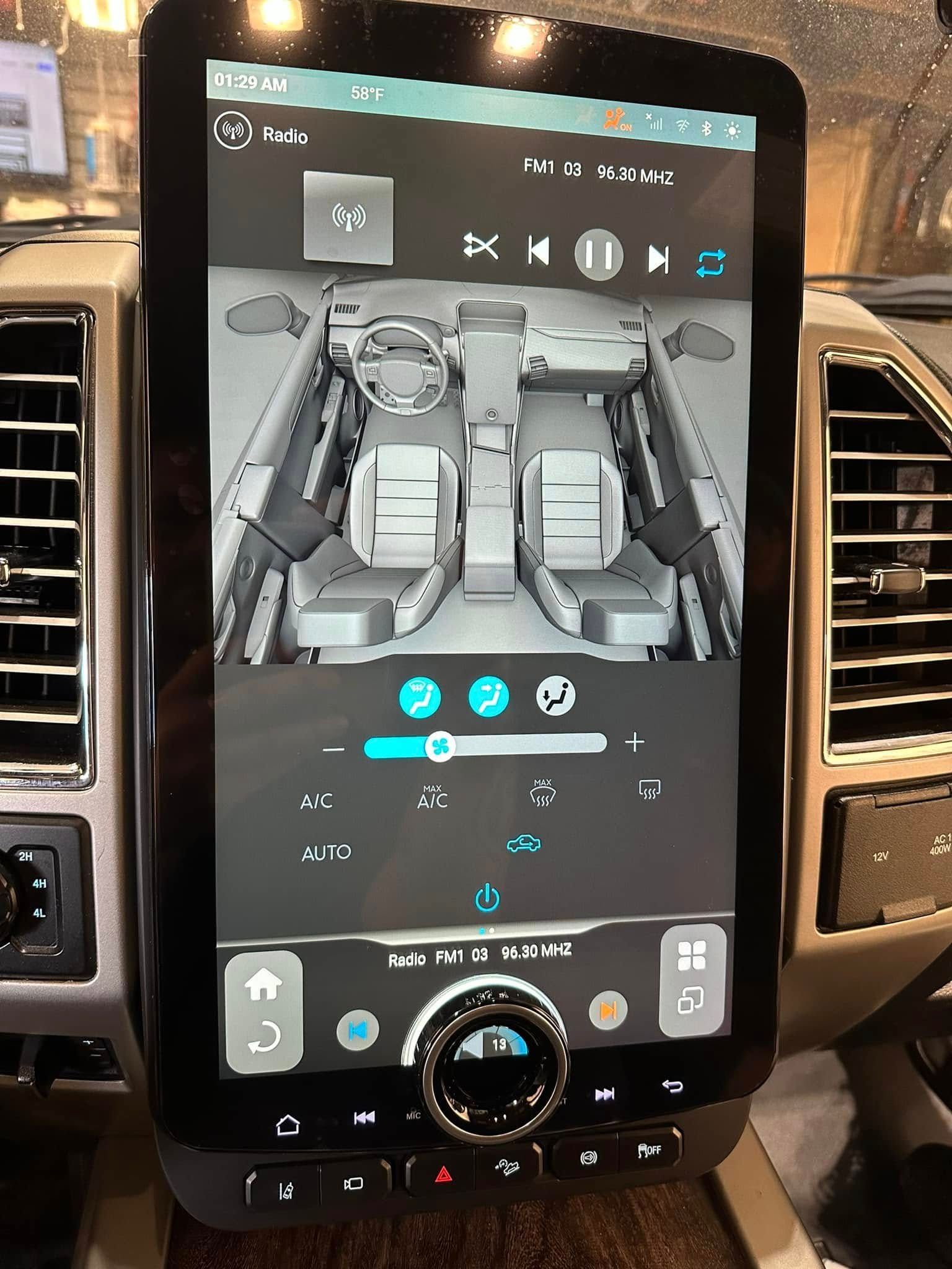 Car center touchscreen showing a 3D seat-control interface with climate and seat adjustment icons