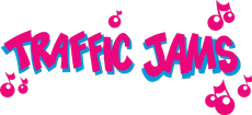 Pink “Traffic Jams” text with music note icons on a white background