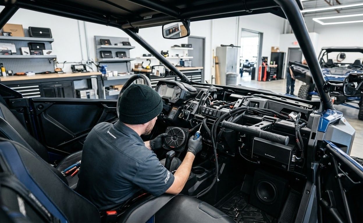 Mechanic working on a car engine inside a workshop, viewed from the passenger side.