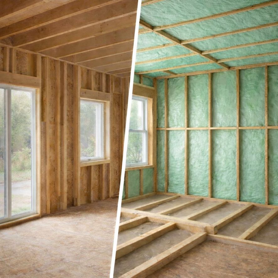 Split view of a room under construction, showing finished wood framing on the left and insulated wall studs on the right.