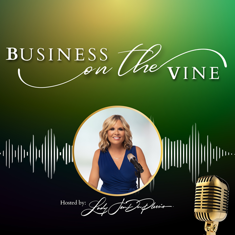 A woman is standing in front of a microphone on the cover of a business on the vine podcast.