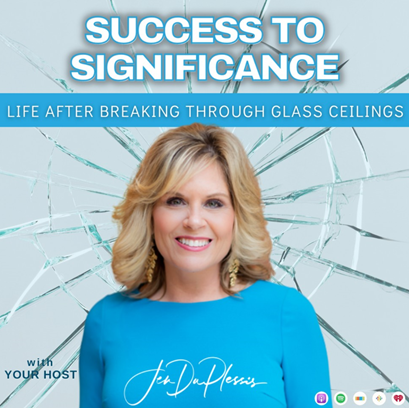 A woman in a blue shirt with the words success to significance on it