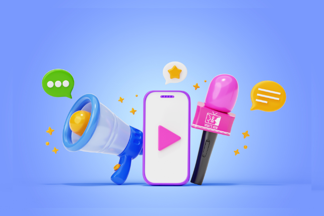 Megaphone, phone, microphone, speech bubbles, and stars on a blue background, suggesting media or communication.