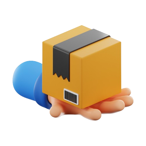 Hand holding a yellow delivery box with black tape and a barcode. Blue sleeve.