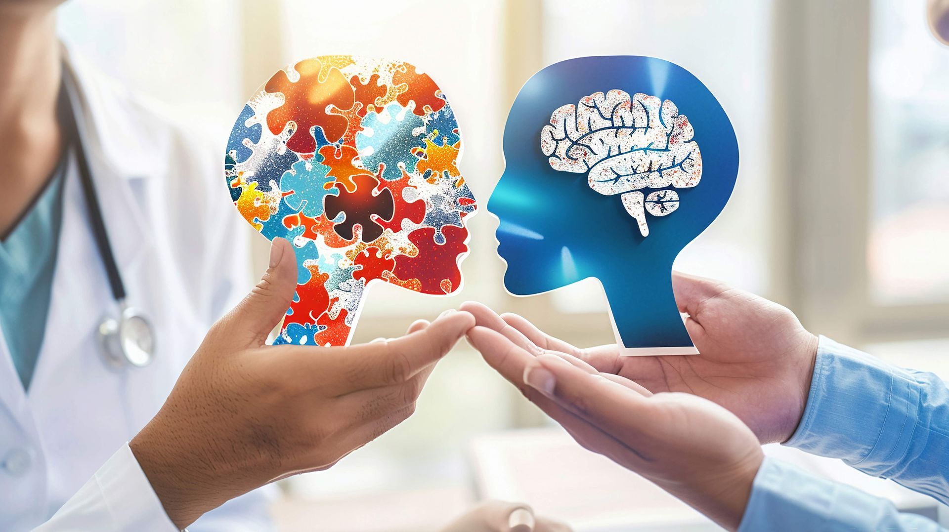 Doctor holding brain and puzzle head illustrations during a mental health consultation.