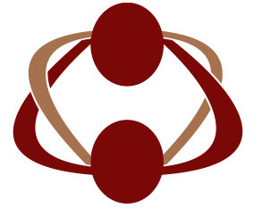 Two burgundy ovals connected by tan and burgundy loops, forming a stylized figure.