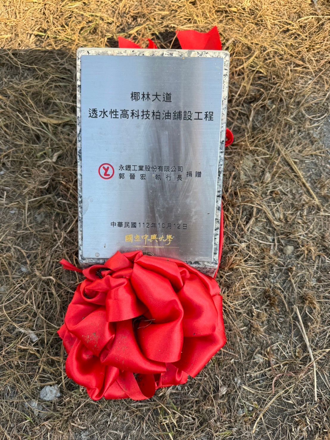 地面上放置著一塊紀念金屬牌匾,周圍環繞著枯草,並飾以大型紅色布帶。