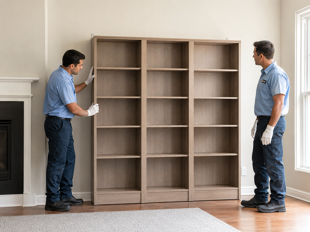 Two men position a large unfinished wooden bookcase against a wall in a living room.