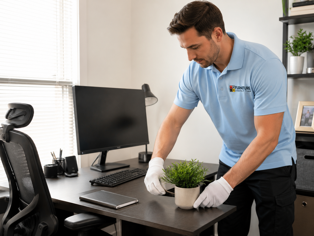 Office worker in a light blue polo arranging a potted plant on a desk beside a computer