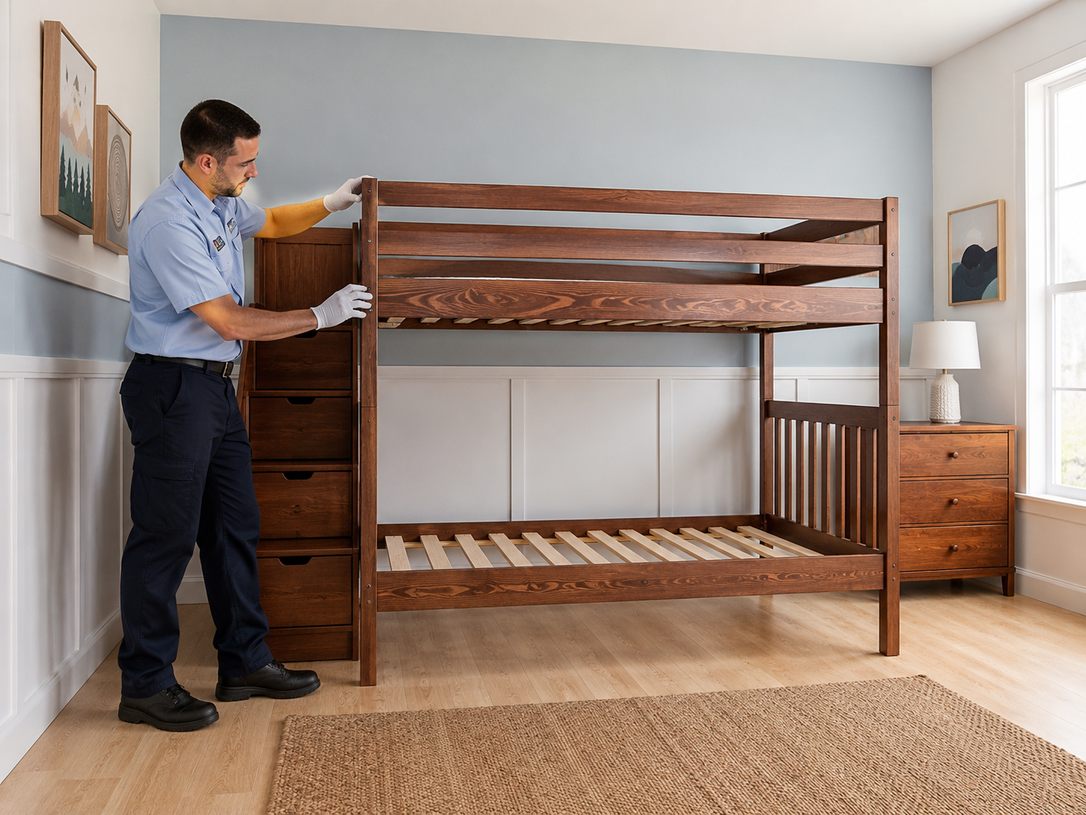 Man assembling a wooden bunk bed in a bright bedroom with dressers and a lamp