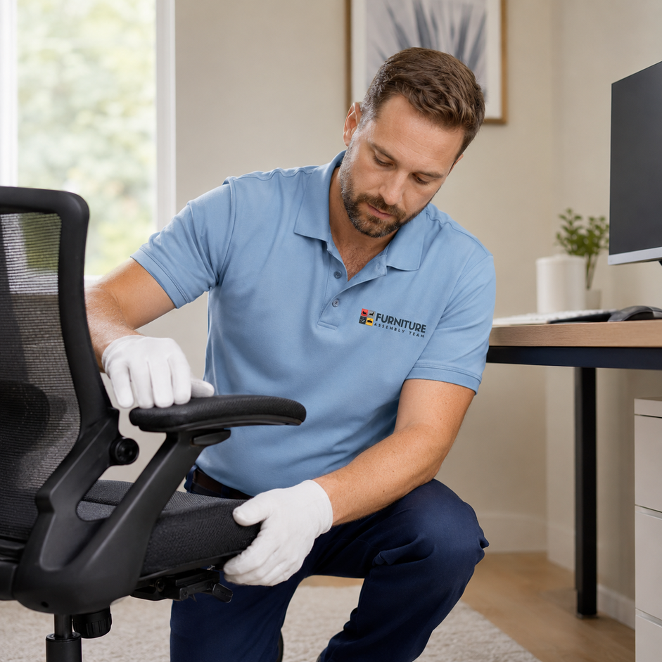 Worker in blue polo and white gloves cleaning an office chair in a modern room