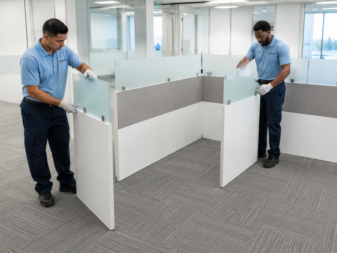 Two workers install white office cubicle partitions in an office space.